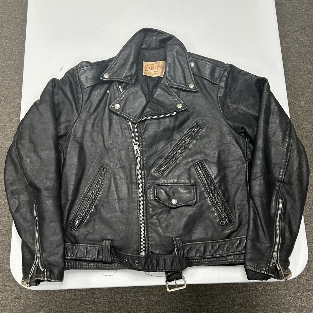 Excelled Leather Motorcycle Jacket Mens M Black Vintage Distressed Biker Belted
